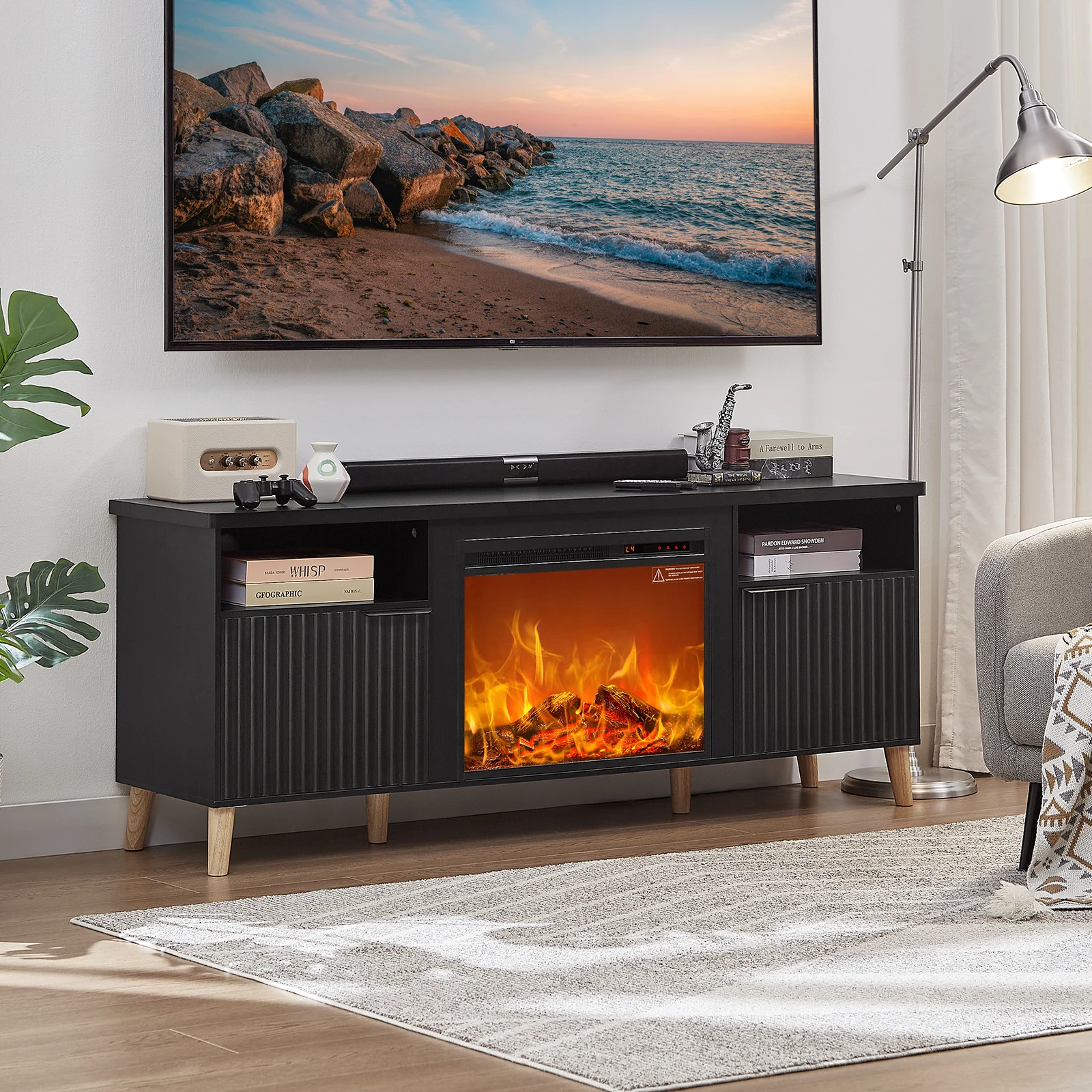 Soporte para TV con chimenea de 65" con chimenea eléctrica de 23", mesa consola central de entretenimiento multimedia moderna para televisores de hasta 70''