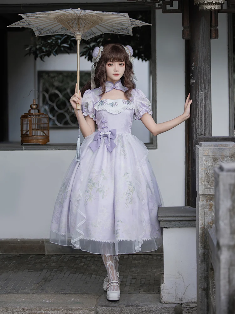 

Original Chinese Style Cheongsam Collar Hollow Dress With Lilac Flower Embroidery Op Summer Sweet Lolita Girl Dress By Puji