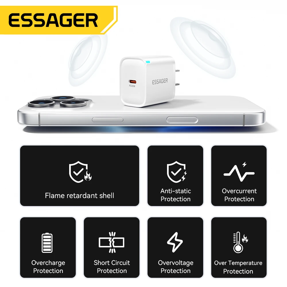 Essager Mini 30W Type C شاحن PD QC3.0 شاحن سريع من النوع C لهاتف iPhone 16 15 14 13 Pro Samsung S25 Xiaomi iPad محول السفر