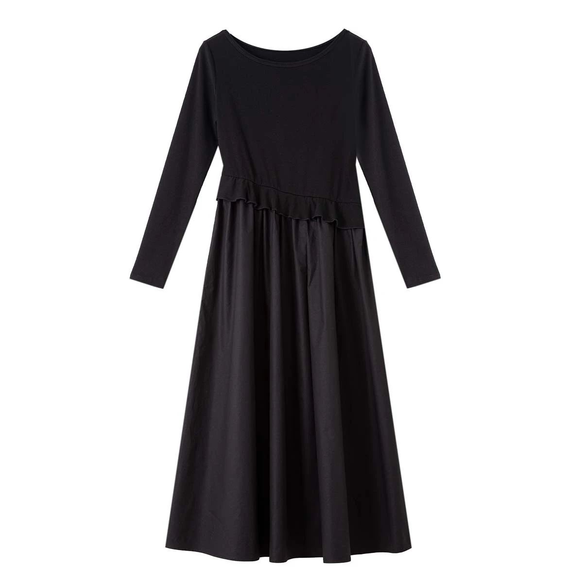 VIMLY Long Black Dresses Woman 2026 Autumn Casual Spliced Flounced Edge  Female Dress Round Neck A-line Slim Ladies Dresses A2583 - AliExpress  200000345