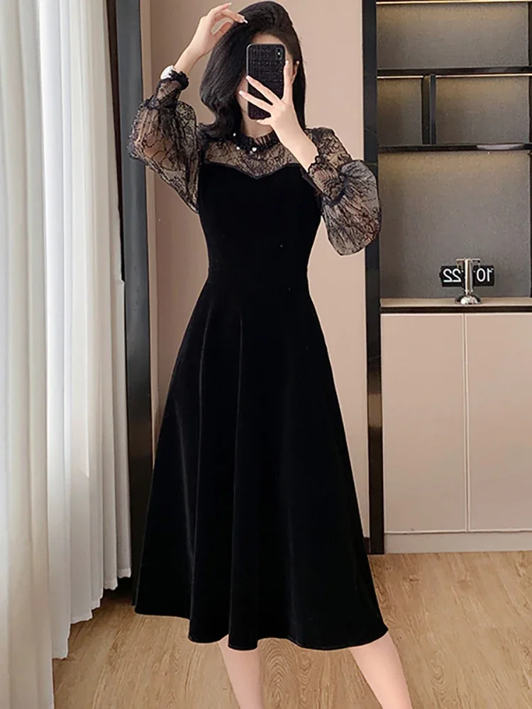 2024 Black Velvet Patchwork Lace Sheer Sexy Long Dress Women Elegant Ruffled Luxury Dress Autumn Winter Korean Vintage Vestidos