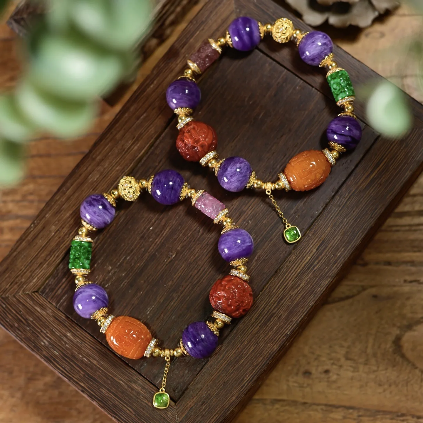 Natural Charoite Multi-gem Bracelet,Red Agate,Amber,Spicy Green Dry Jade,Tourmaline,925 Silver Chinese Bracelet