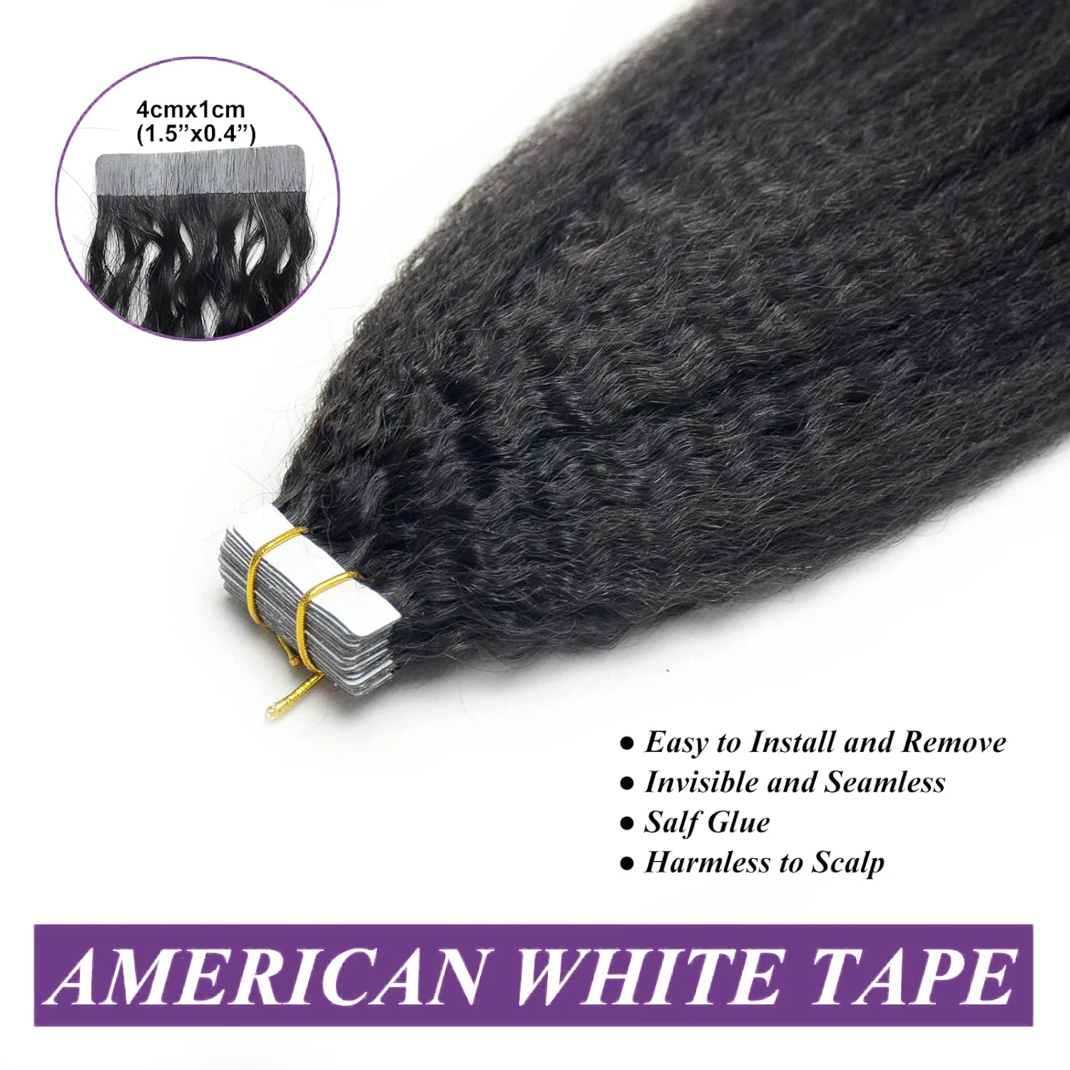 Kinky Straight Hair Extensions para mulheres, cabeça cheia, cabelo humano real, trama de pele preta sem costura, 40 PCs, 50g, 100g por pacote