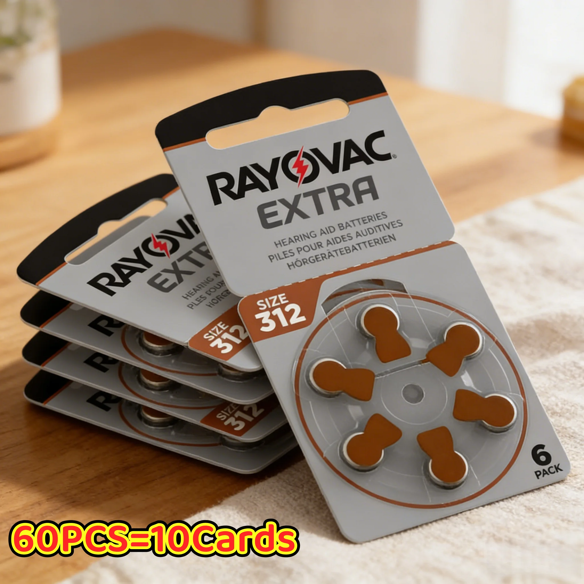 Pilas para audífonos Rayovac Zinc Air Extra 312, 60 unidades / 10 tarjetas, 1.45V 312A A312 PR41 para audífonos BTE CIC RIC OE