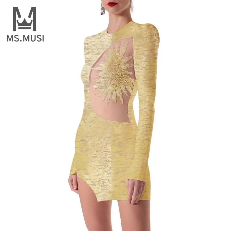

MSMUSI 2023 New Fashion Women Sexy Beading Sequins Lace Mesh Long Sleeve Hollow Out Bandage Party Club Bodycon Event Mini Dress