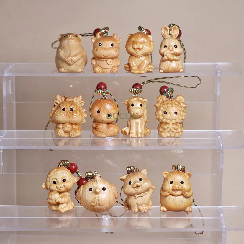 

1PC Cute Animal Bag Pendant Car Hanging Decoration DIY Accessories Wood Carving Kawaii Zodiac Keychain Mobile Phone Chain