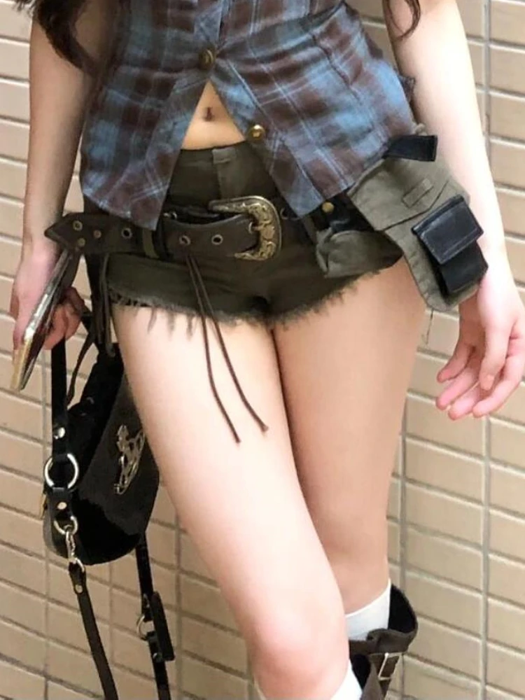 هوتشو Y2k السراويل الدنيم الأسود المرأة مثير خمر Gyaru الشرير مع حزام السراويل القوطية Harajuku الجرونج Kpop منخفضة الارتفاع جان السراويل #5