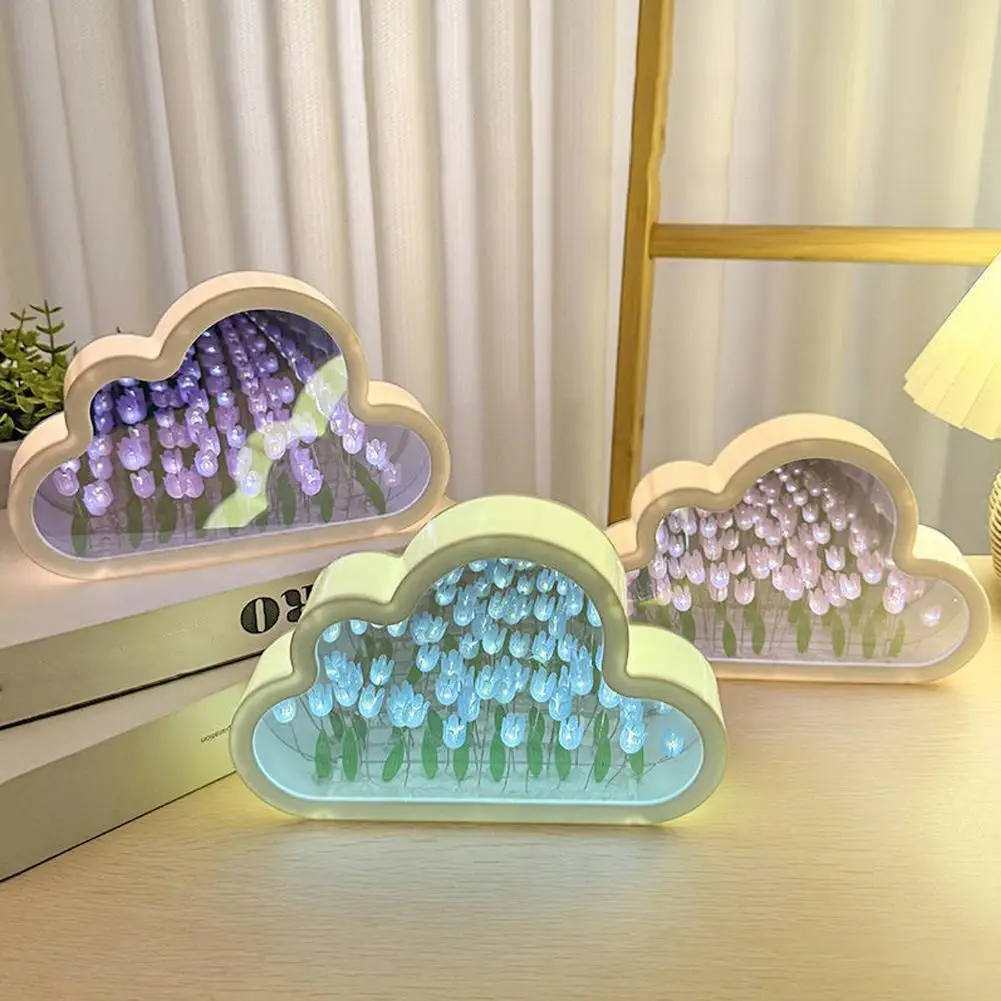 ทําด้วยมือ DIY ดอกทิวลิปดอกไม้ Sea Night บรรยากาศโคมไฟเมฆ TULIP โคมไฟ LED Night Light กระจกโคมไฟตกแต่งห้องนอนไฟ