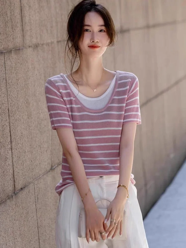 Faionable مخطط اللون Blo ort Sve محبوك أعلى المرأة فرقة نظرة الصيف لباس غير رسمي Sli الكورية Sle سليم صالح #2