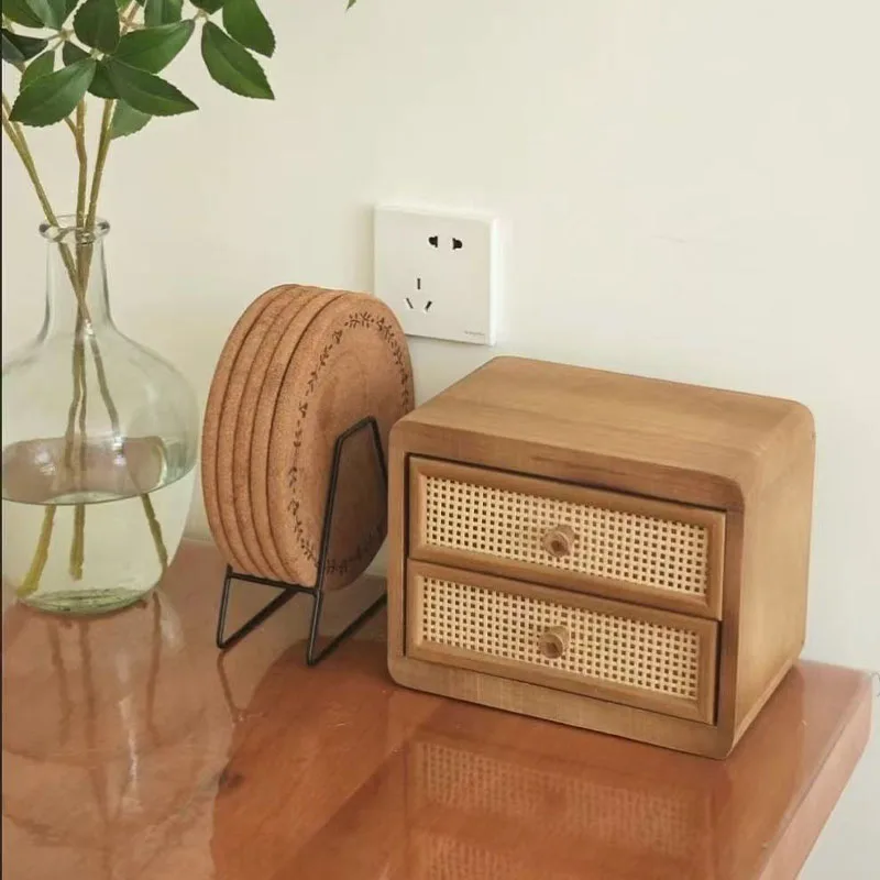 

Desktop Wooden Storage Cabinet Rattan Small Drawer Sundries Storage Box Office Desk Shelf Stationery Cabinet
