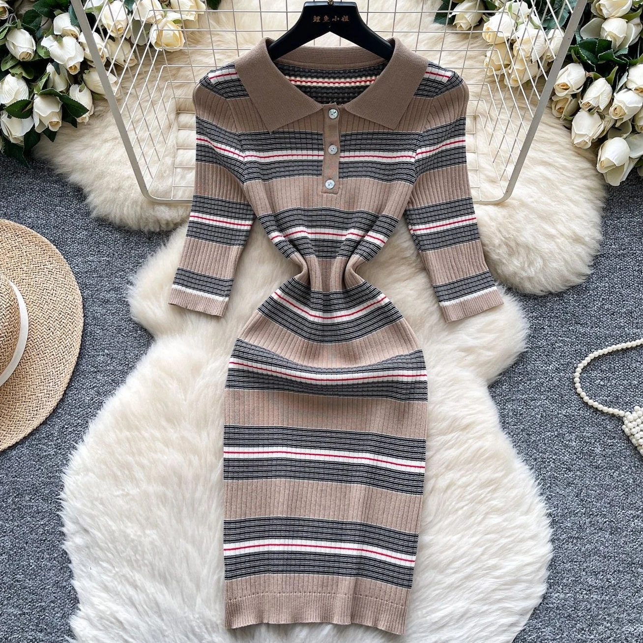 

Mid Length Dress Women Dresses Slim Bodycon Vestidos High Waist Elegant Splice Y2k Streetwear Work Striped Turn Down Collar