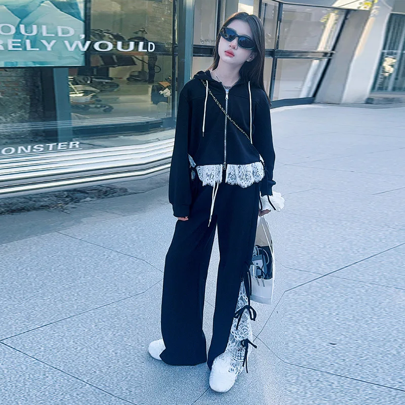 Lace Spliced Sweatshirt Grils Children Spring Autumn Casual Sporty Fashionable Hoodie Wide-leg Pant Sweet Cute Beautiful