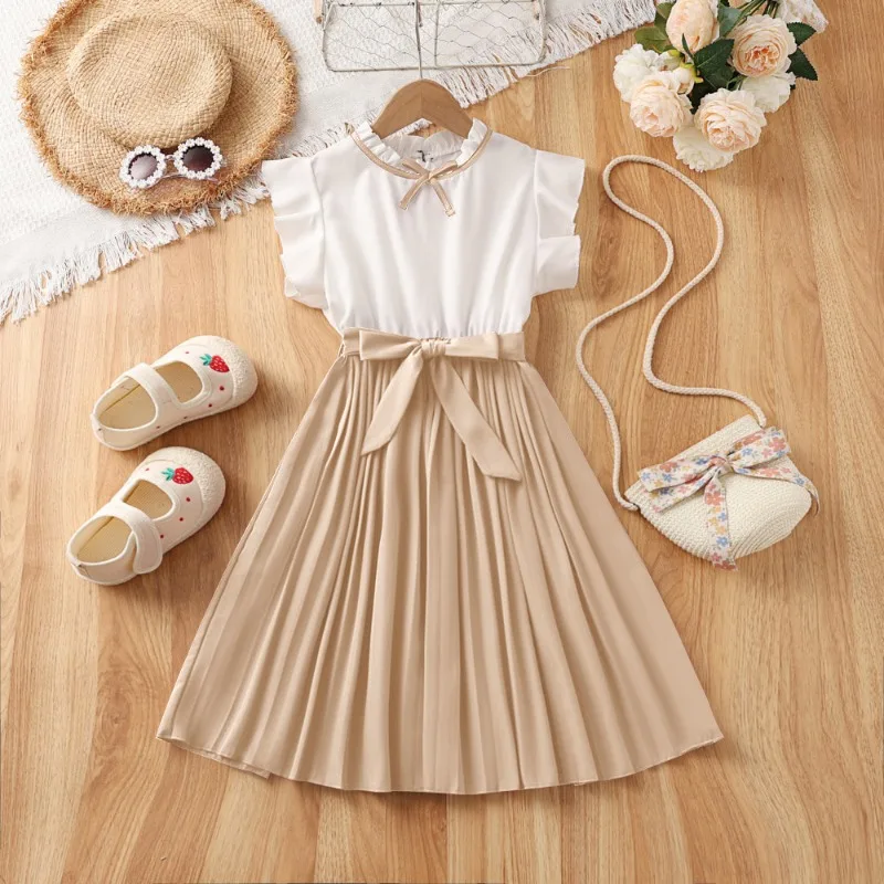 Girls Dresses Popular Children's Clothing 2026 Summer New Flying Sleeves Color Blocking Temperament Pleated Dress