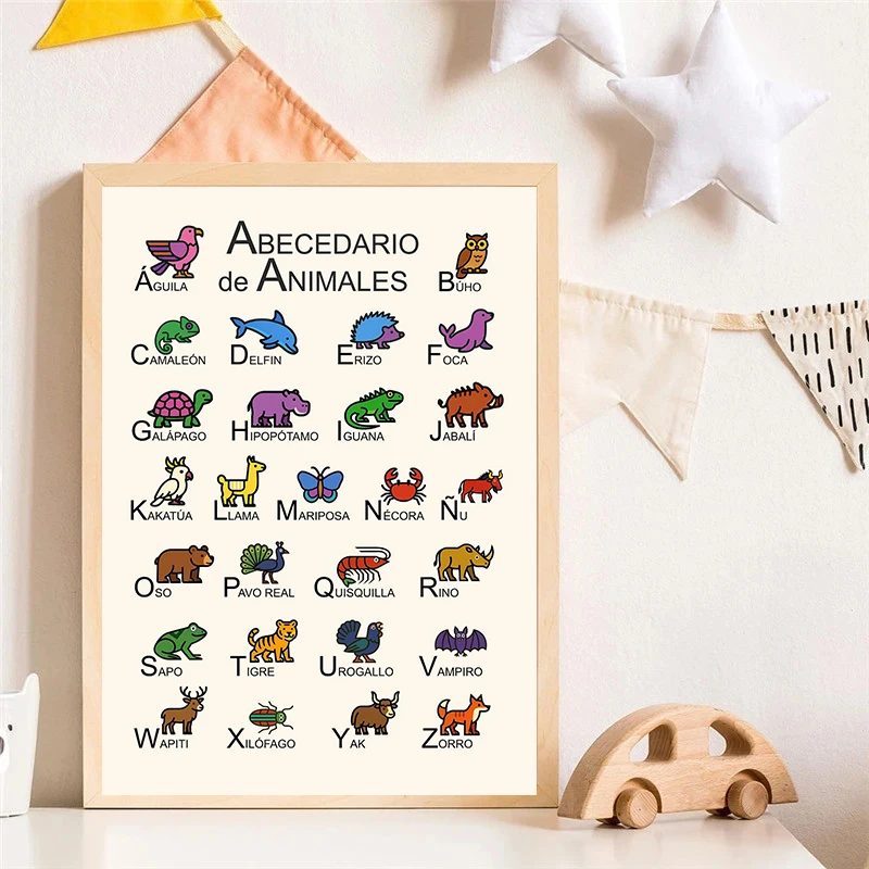 Animal Alphabet Chart in French Spanish English Poster Nursery Wall Art Canvas Painting Education Poster Kids Room Home Decor