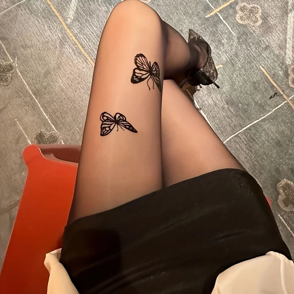 1 pair of butterfly print sheer pantyhose - high-waisted sheer stockings, 15/D denier (15-20 fibers), hand washable, suitable for dresses, skirts, and casual/office wear - elegant sheer leggings - (polyester fabric)