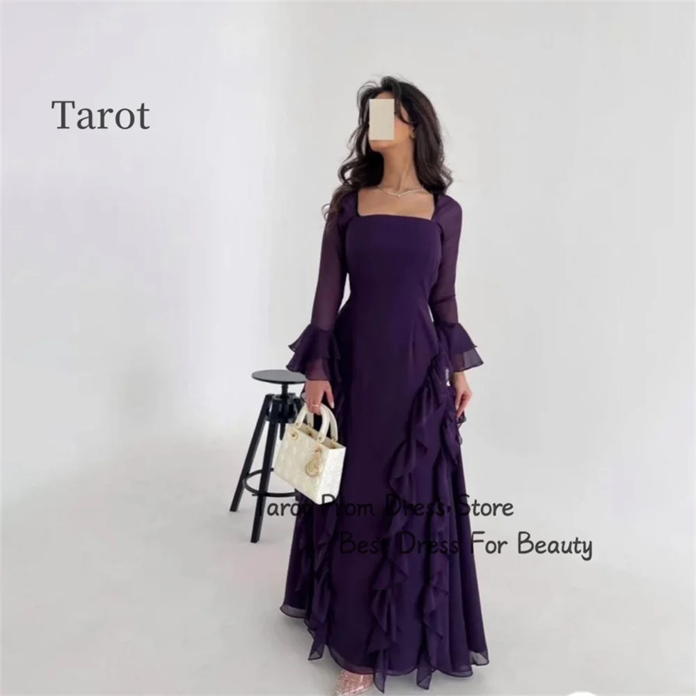 

Tarot Saudi Elegant A Line Prom Dresses Square Neck Pleated Chiffon Evening Dress Long Sleeves For Women فساتين حفلة موسيقية