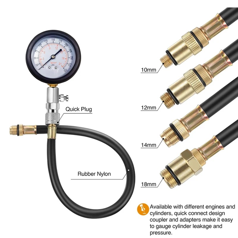 Upgrade Professional Petrol Engine Compression Tester Kit 0-300 PSI Fuel Cylinder Pressure Gauge Tool Set for Car Motorcycles