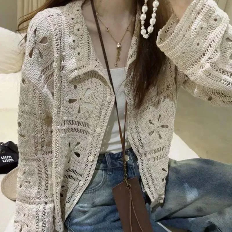 보링 허니 레트로 크로셰 뜨개질 속이 비치는 가디건, 초가을 신상 라펠 고품질 올매치 탑 싱글 버튼 가디건 코트