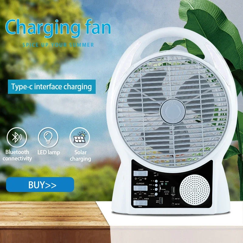 8-inch Portable Solar USB Charging Fan Bluetooth Multifunctional Large Wind Outdoor Camping Fan With LED Lamp Table Desktop Fan