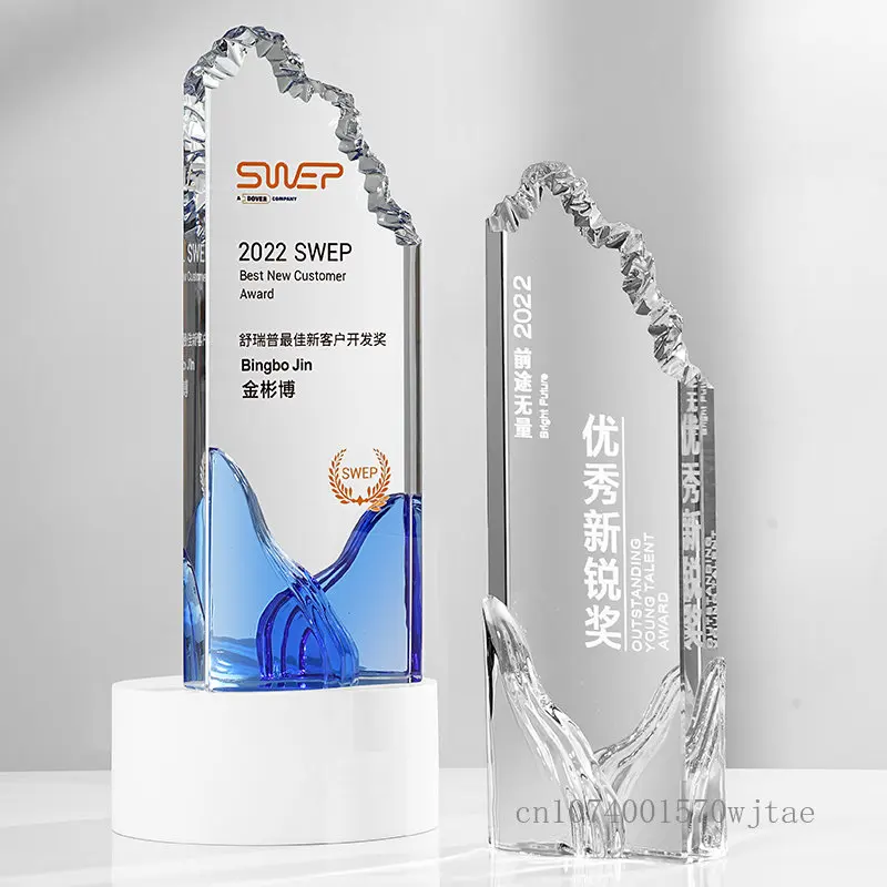 

Blue Transparent Crystal Trophy, Customized Decompression, Excellent Staff, annual Meeting Award, Home Decor