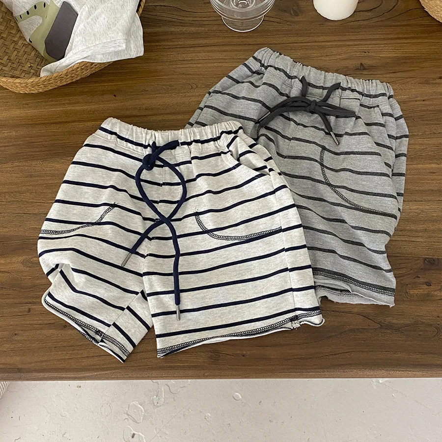 

Boys Pants Korean Version Sports Shorts Stylish Rolled Edge Loose Striped Pants Versatile Drawstring Casual Pants