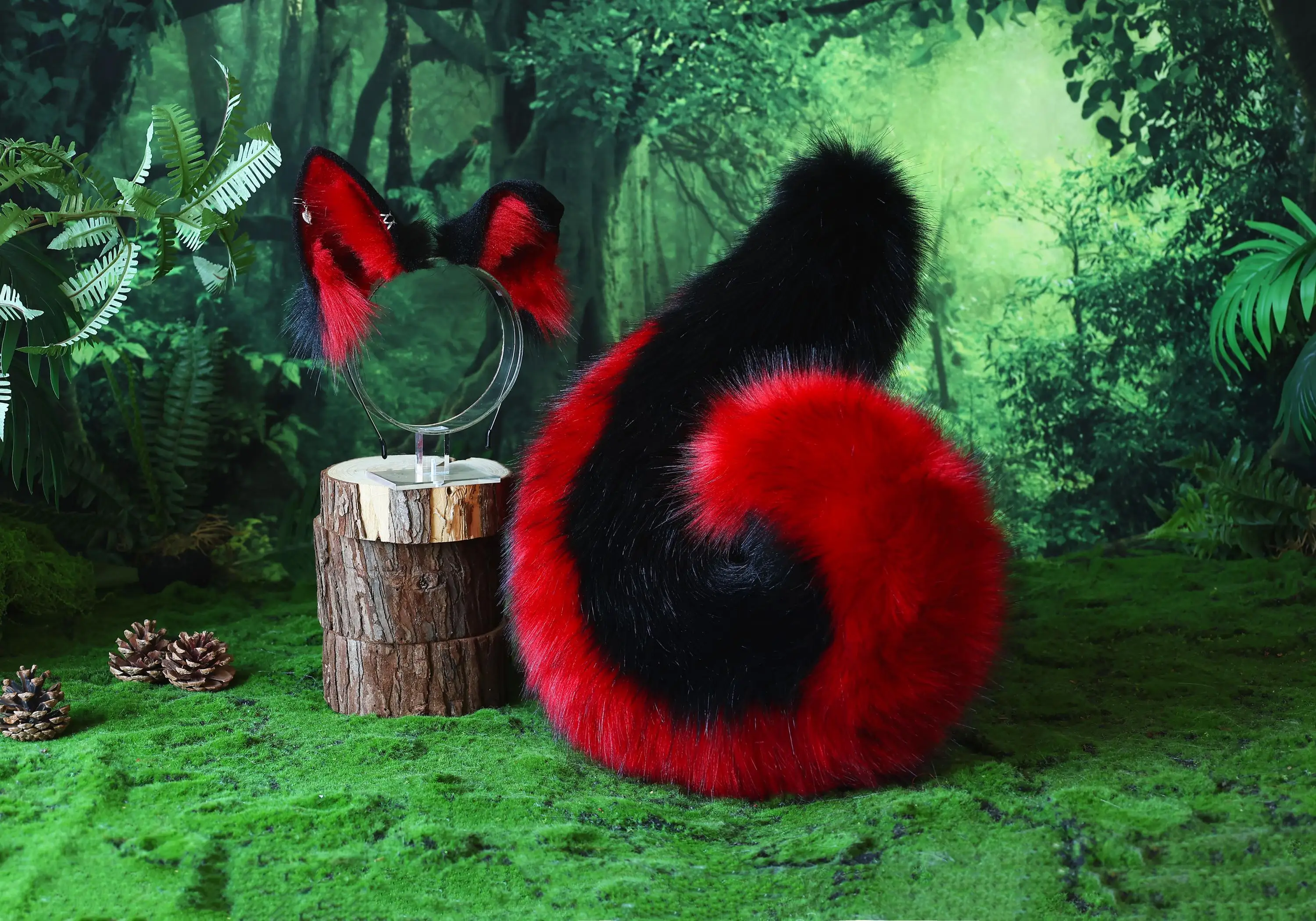 Plush Puppy Ears and Tail, Black Red Dog Animal Ears Faux Fur Collie Tail and Ears,, Animal Role Play Puppy Game