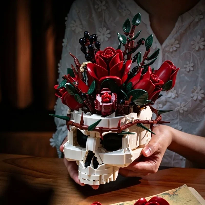 MOC Gothic Skull Rose Building Blocks Skeleton Hand Bouquet Model Halloween Dark Aesthetic DIY Bricks Art Collectible Gift