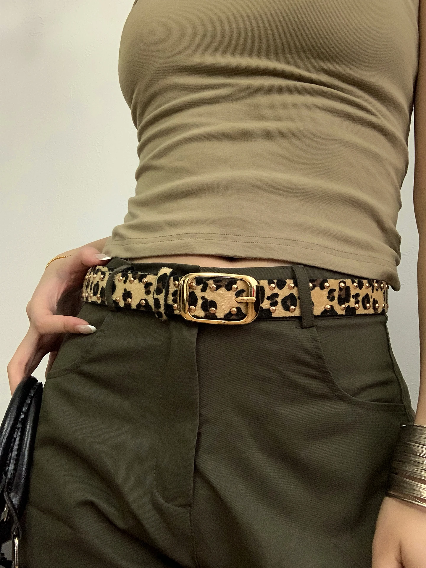 American Style Cool Leopard Print Rivet Belt Women's Fashion Spicy Girl Style Belt for Jeans Casual Korean Style Belt