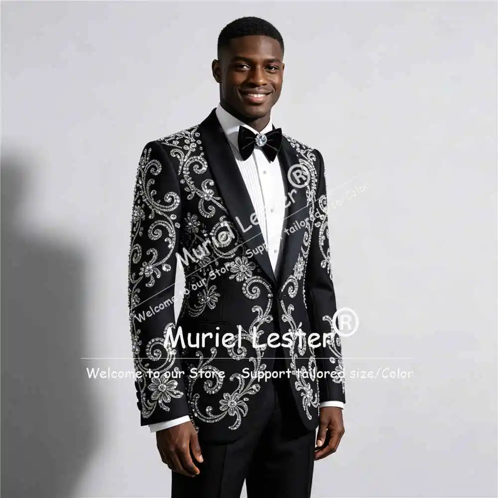 Exclusive Groom Wedding Tuxedo Suit 2 Piece Sets Rhinestone Sequin Prom Blazer Formal Wear Shawl Lapel Jacket Pants Man Clothing
