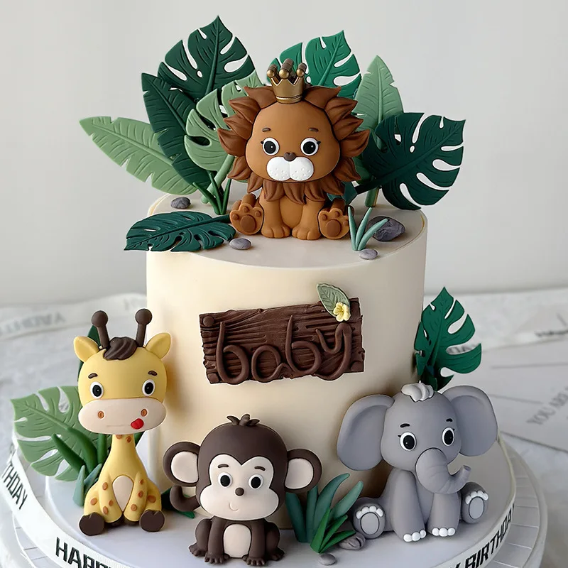 Woodland Animals Cake Decor Cartoon Lion Giraffe Elephant Monkey Turtle Leaves Cake Topper Happy Jungle Safari Birthday Party De