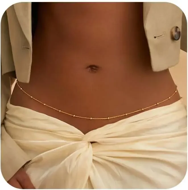 Adjustable Bikini Body Jewelry for Women, Waist Chains for Women Gold Plated Body Chains Satellite Beads Rope Belly Belt Chains