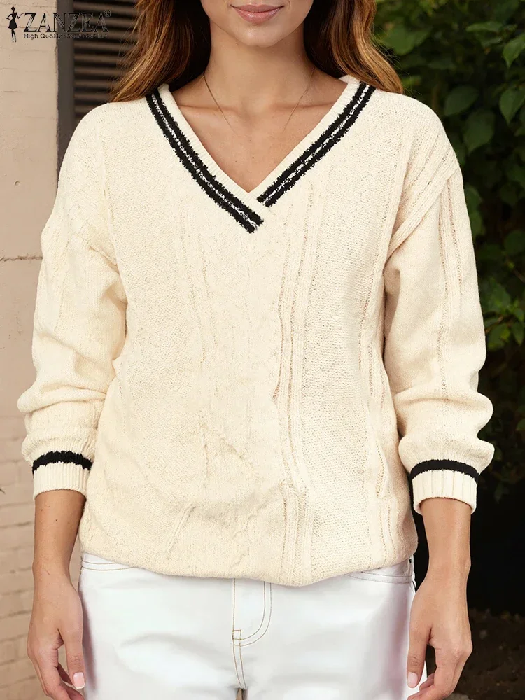 

ZANZEA женские свитера зимние джемперы осенние стильные вязаные пуловеры с v-образным вырезом и длинными рукавами оверсайз модный лоскутный свитер 2025