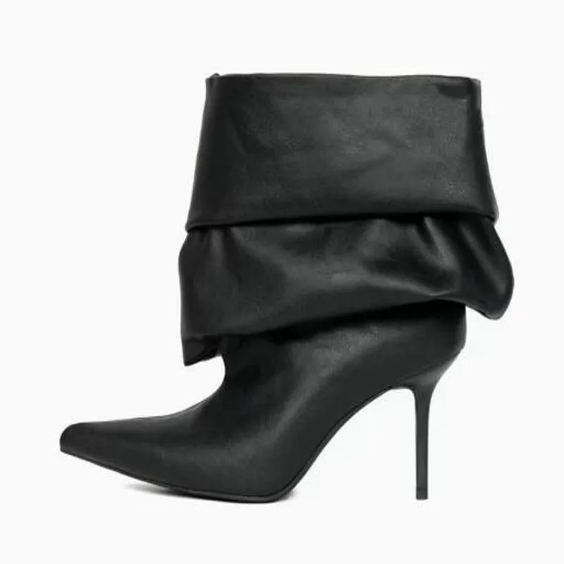 

New Woman Black Khaki Snakeskin Leather Layer Pleated Stiletto Mid-calf Boots Street Style Pointed Toe Pull On Short Booties