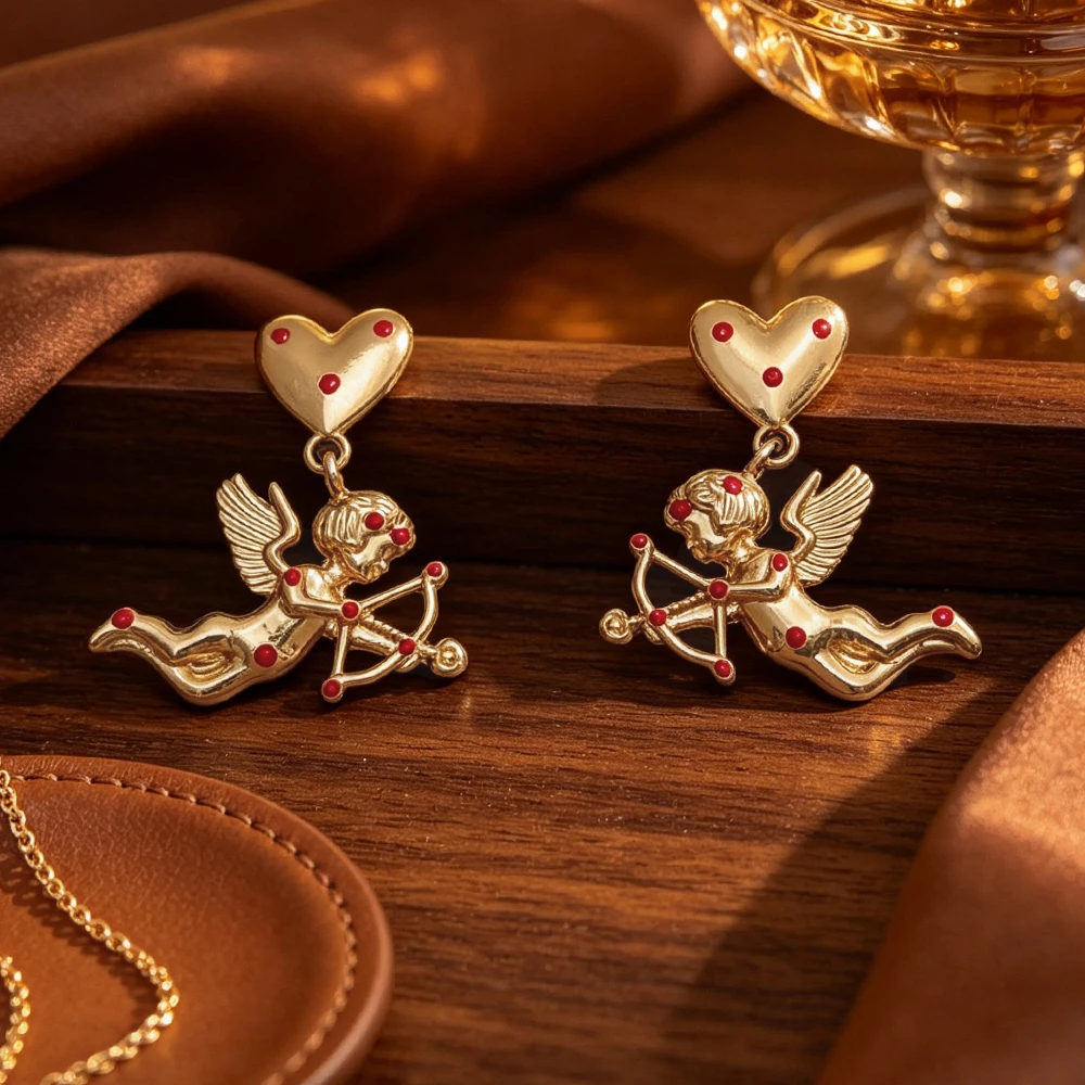 Retro Cupid Heart Polka Dot Earrings, Golden Angel Bow and Arrow Oil-Drip Red Dot Earrings, French Romantic Earrings