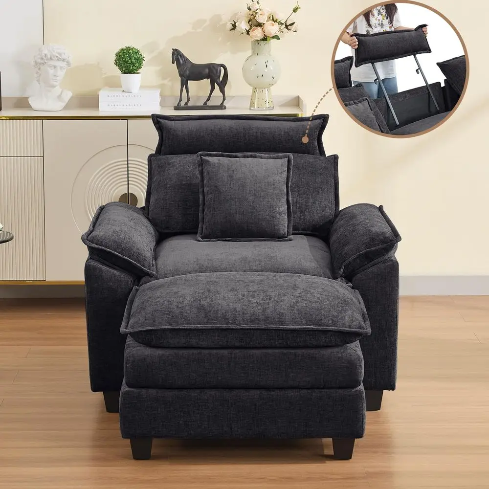 Sofa Chair with Detachable Headrest, Oversized Upholstered Arm Accent Chair with Ottoman, Modern Chenille Reading Lounge Comfy