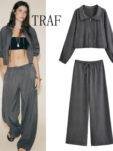 TRAF ropa de mujer de estilo europeo y americano nueva tendencia de moda simple color sólido suéter de manga larga chaqueta pantalones traje