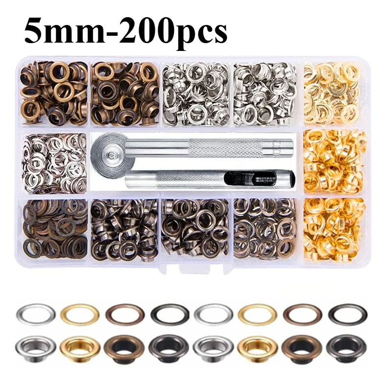 200 peças Ilhós Metálicos de 5mm com Arruela para Artesanato em Couro, Calçados, Cintos, Reparo de Bonés, Acessórios para Bolsas, Vestuário, Chapéus, Botões DIY e Kit de Fivelas