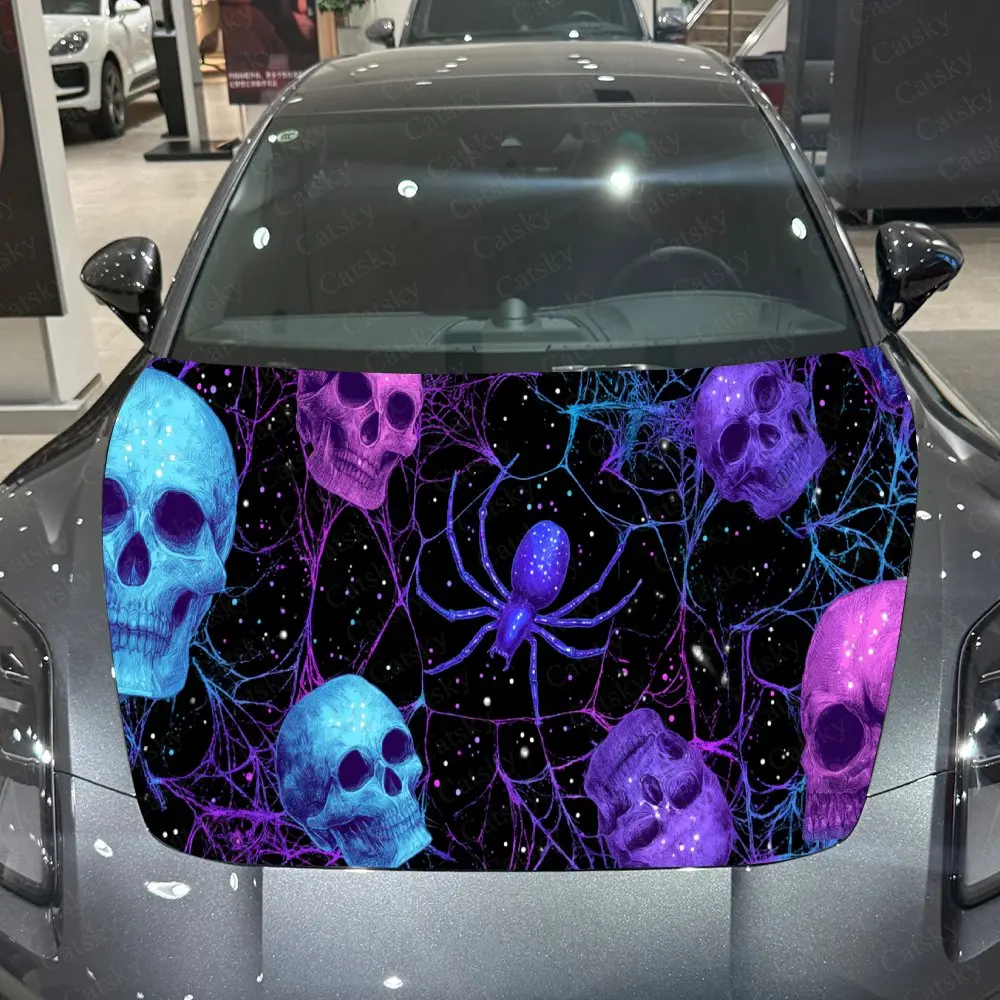 Starry Spider Skull Sci-Fi Dark PVC Car Hood Wraps, Self-Adhesive Waterproof Car Bonnet Decal Sticker, Car Decoration Protection