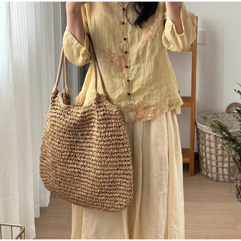Vintage Einfarbige Gewebte Schultertasche, Minimalistische Casual Pendler-Handtasche für Frauen, Sommer Strand Handgefertigte Leichte Tasche – Detail 8