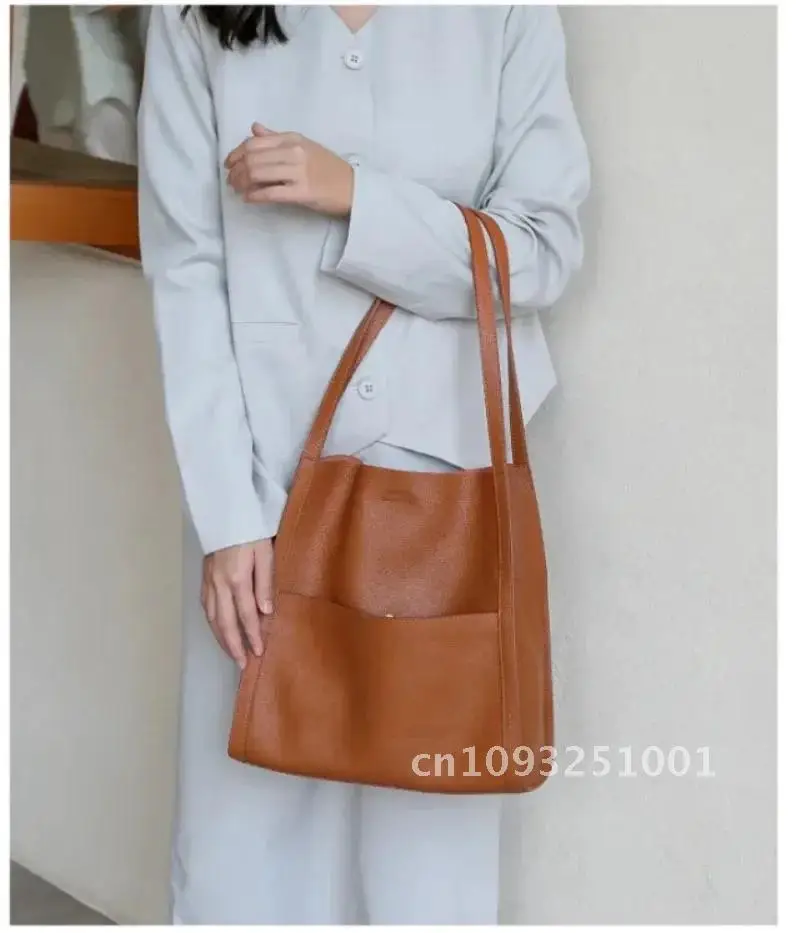 

Solid Color Simple PU Large Shoulder Travel Bag Tote Fashion Bags Shopper Bucket Leather Simple Luxury Handbag Capacity Women's