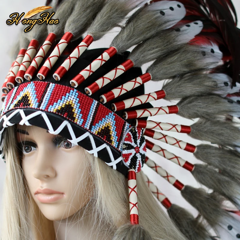 Customized Handmade Big Red Indian Feather Headdress Replica Made Cosplay Headpiece Costumes Decoration Halloween Party Hat