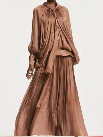 Retro solid color design sense bat sleeve long pleated dress advanced sense elegant wind tie waist loose long evening dress