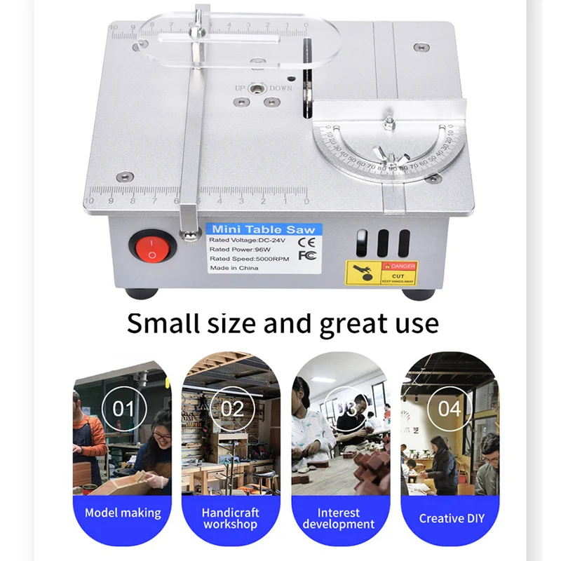 Multifunction Mini Table Saw Electric Small Bench Saw DIY Hobby Model Crafts Cutting Tool 775 Motor DC12V-24V Liftable Saw