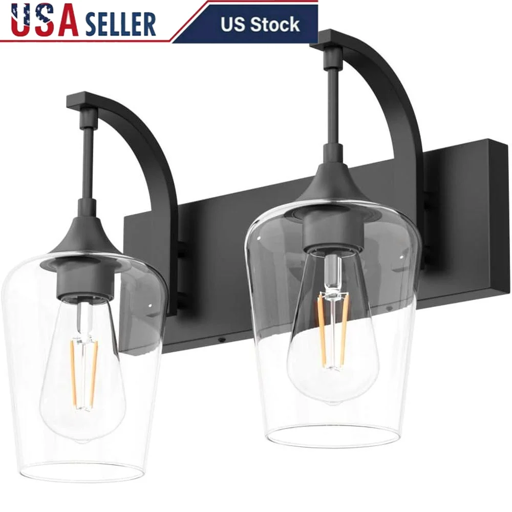 

Industrial Black Bathroom Vanity Light Fixtures Over Mirror Clear Glass Wall Sconce 2 Lights E26 Socket Dimmable Home Decor