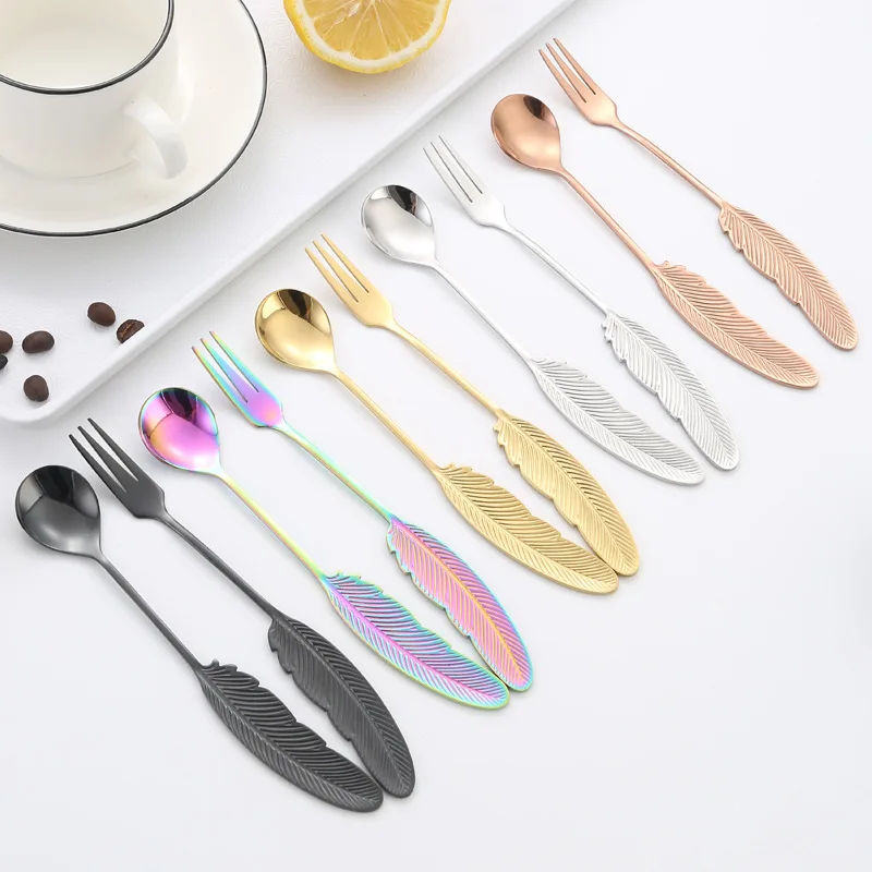 50Set/Lot Stainless Steel Dessert Spoon Fork Set Feather-shaped Spoon Fork Coffee Stirring Spoon Tableware Festival Gift