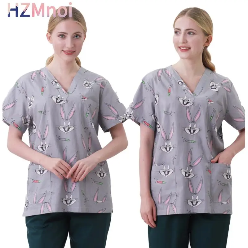 Medical Nurse Uniforms Women Men Print Scrub Shirts&Cap Clinical V-neck Blouse Floral Cartoon Pocket Scrubs Top Beauty Work Wear