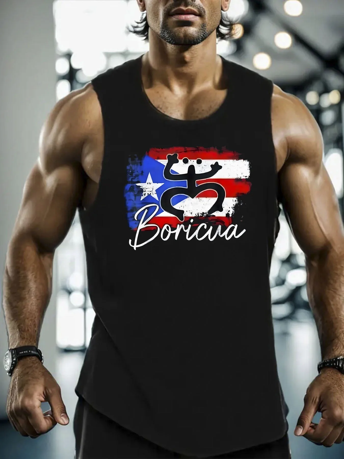 Men's 180G 100% Cotton Sleeveless Training Vest - Puerto Rico Frog Flag Patriotic Print, Micro Elastic Breathable Fabric