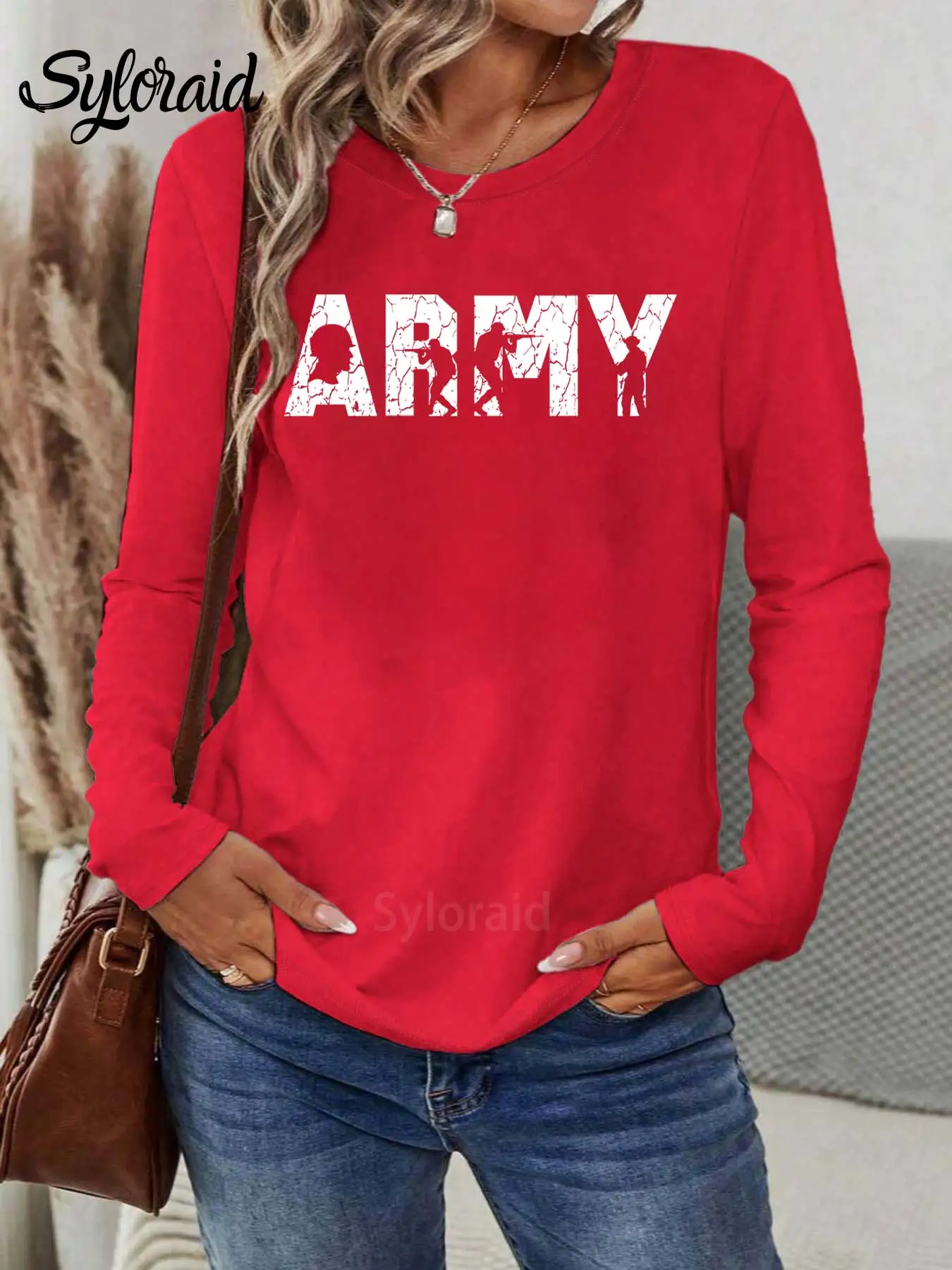 レディース長袖Tシャツ プライドアーミーグラフィックTシャツ 米軍シャツ ファッションラウンドネックカジュアルトップ