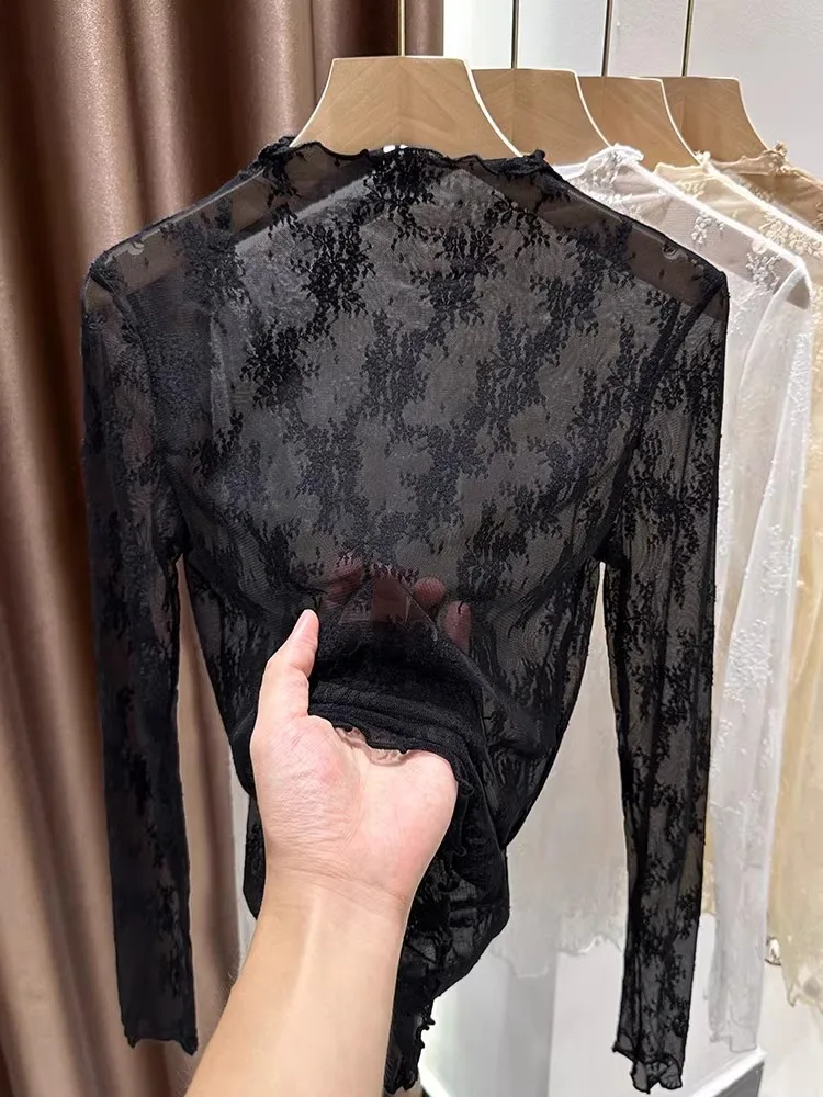 

2025 New Women's Lace Blouse f High Collar Me Underwear Top Korean Sle Slim Fit Long Sve Color Commute Faion