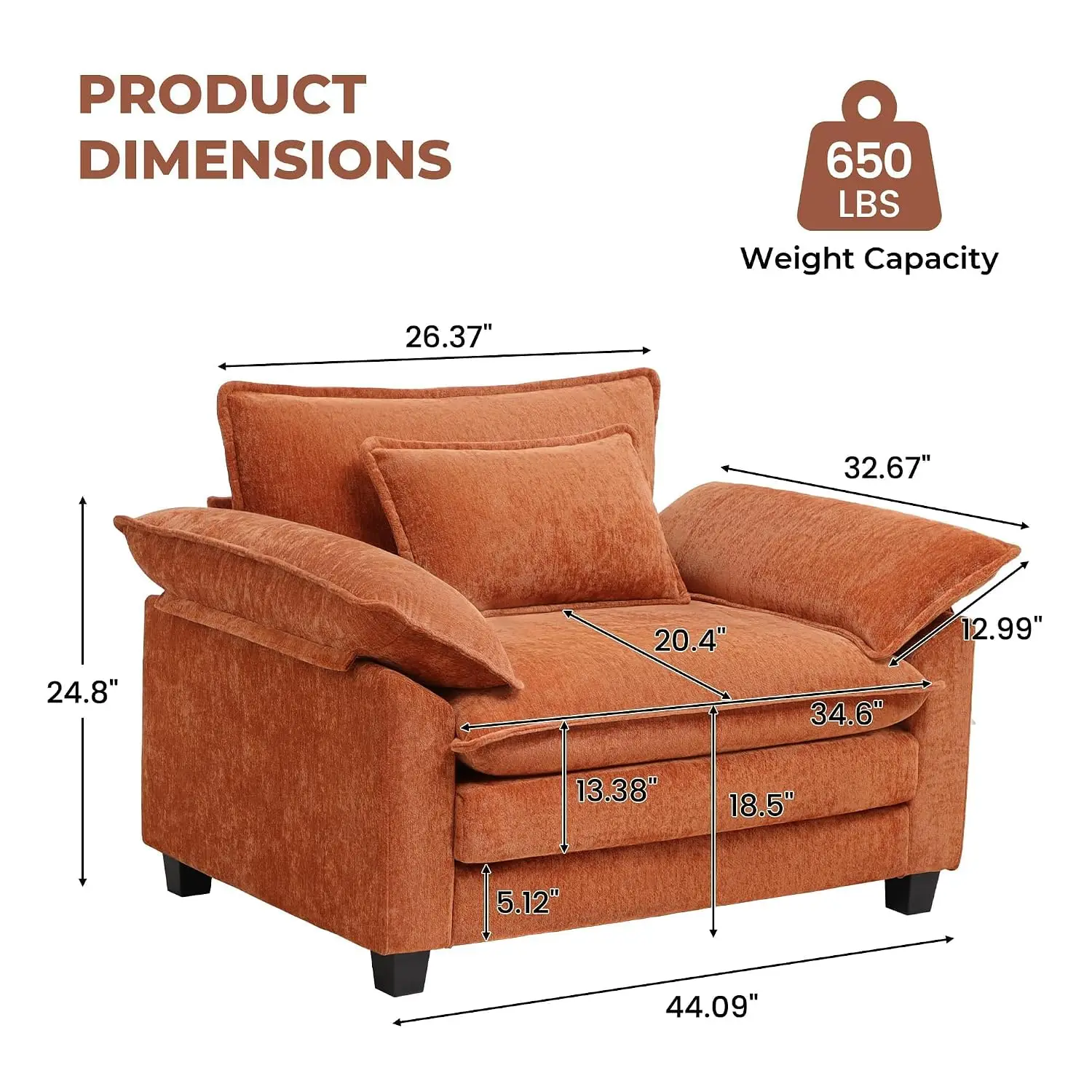 Oversized Chenille Armchair,44in Thick Cloud Sofa,Comfy Reading Chair For Living Room Bedroom, Customized